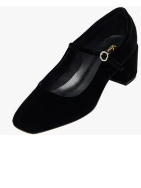 miss left Black Velvet Single Strap Buckle Square Toe Mary Janes Block Heel Pump